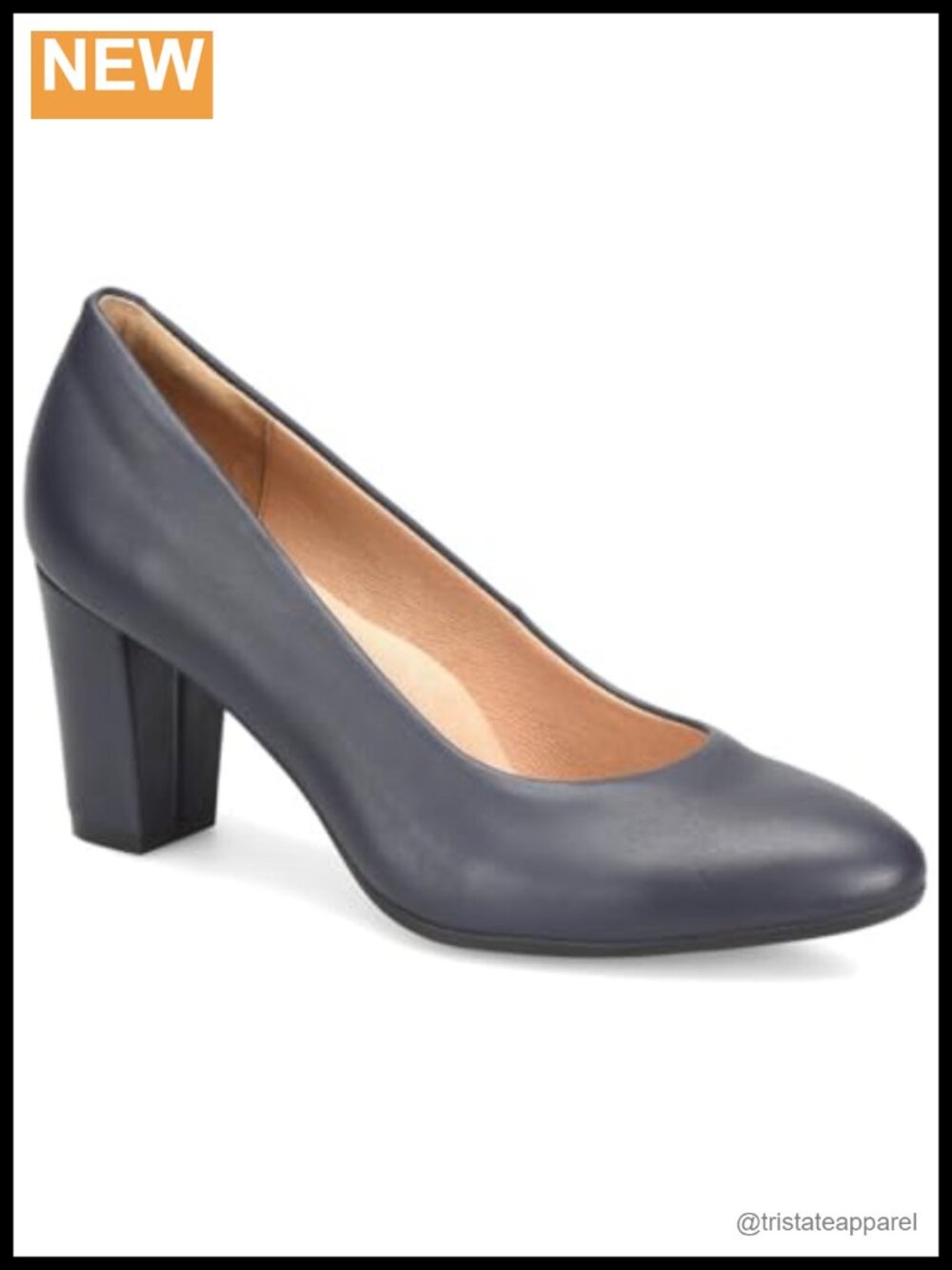 Leather Block Heel Pump Slip-On Almond Toe Cushioned Insole Semi-Formal